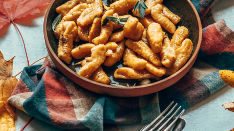 pumpkin gnocchi in brown butter and sage sauce melting in the mouth served on a plate